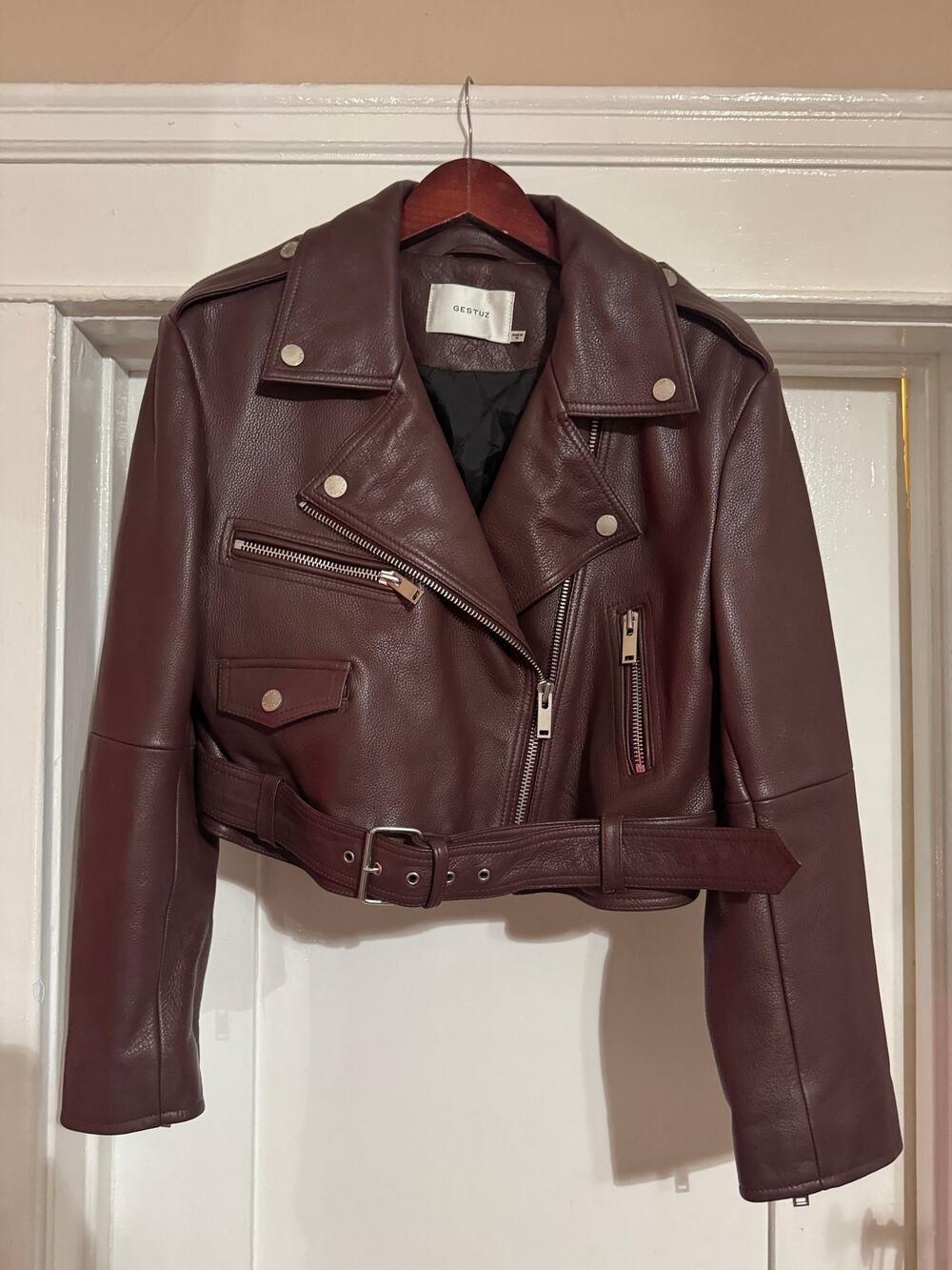 Gestuz Cropped Burgundy Leather Biker Jacket